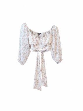 Papermoon Cream Floral Tie-Front Puff Sleeve Crop Top